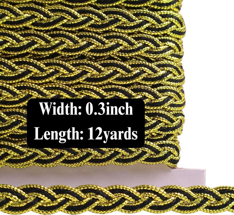 AIETSYEI تقليم زهور معدني مزخرف بحواف ذهبية 0.3" عرض × 12 ياردة حافة دودة للزينة والحرف اليدوية (أسود وذهبي) - Image 2